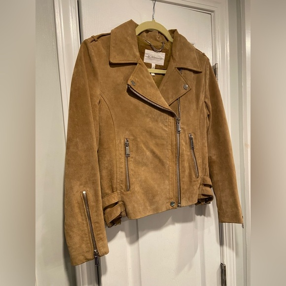 BCBGeneration Size S Camel Tan Suede Full Zip Buckles Moto Bomber Jacket Leather - Picture 4 of 14